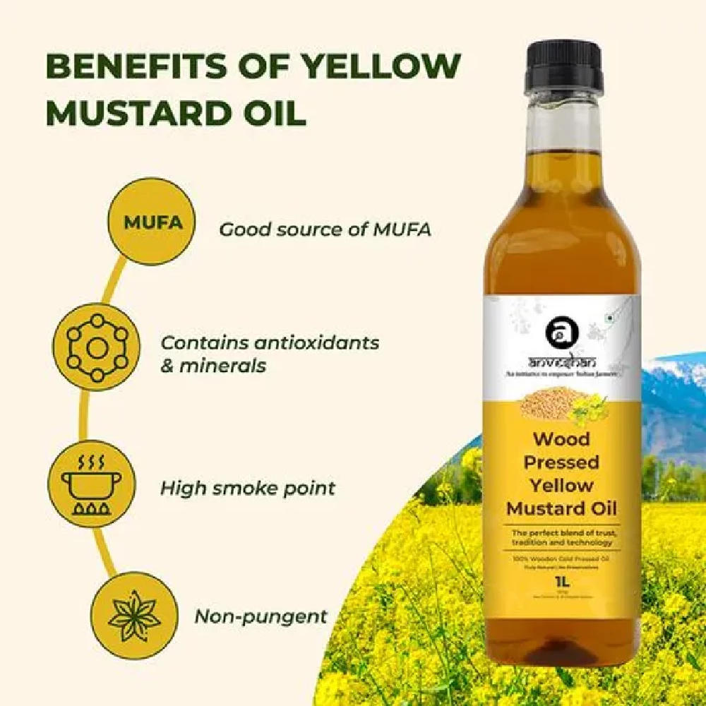 Anveshan Wood Cold Pressed Kachi Ghani Yellow Mustard Cooking Oil, 1 L Plastic Bottle-5.webp